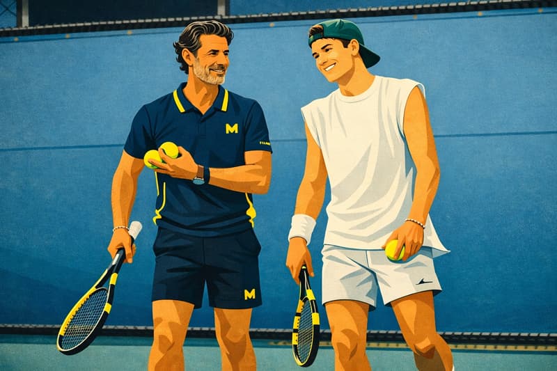 Patrick Mouratoglou, pro coach speaking with ATP pro, Holger Rune