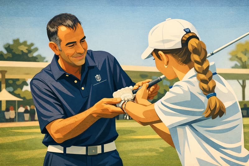 A golf coach teaches his student how to grip a club.
