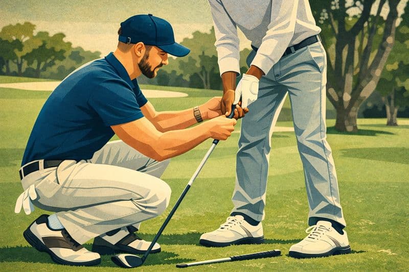 A golf coach teaching his student how to grip the club.