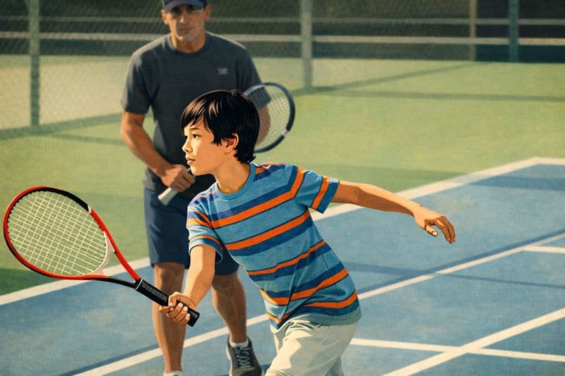 Youn boy in a tennis lesson.