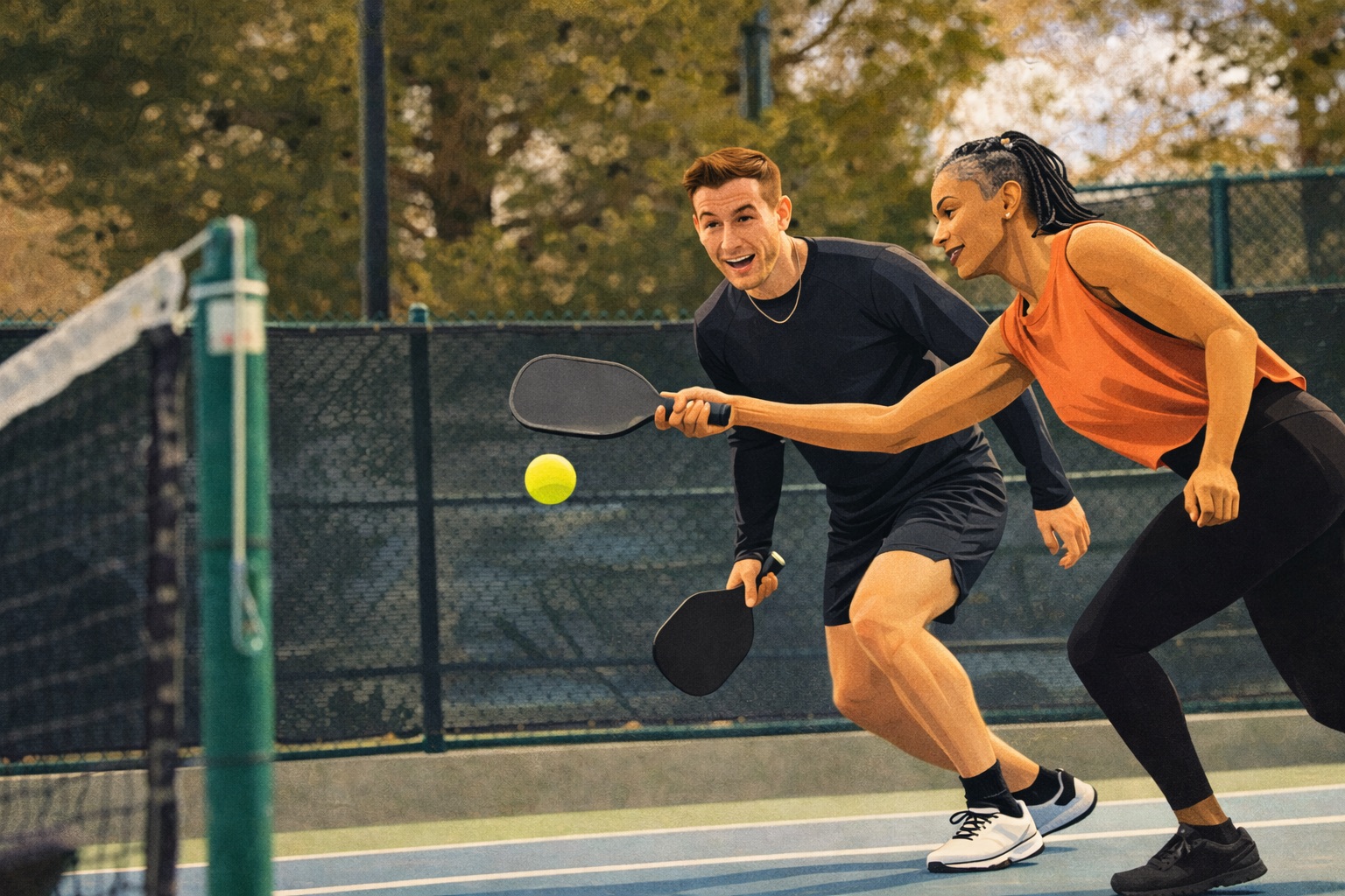Two pickleball players playing a doubles match.
