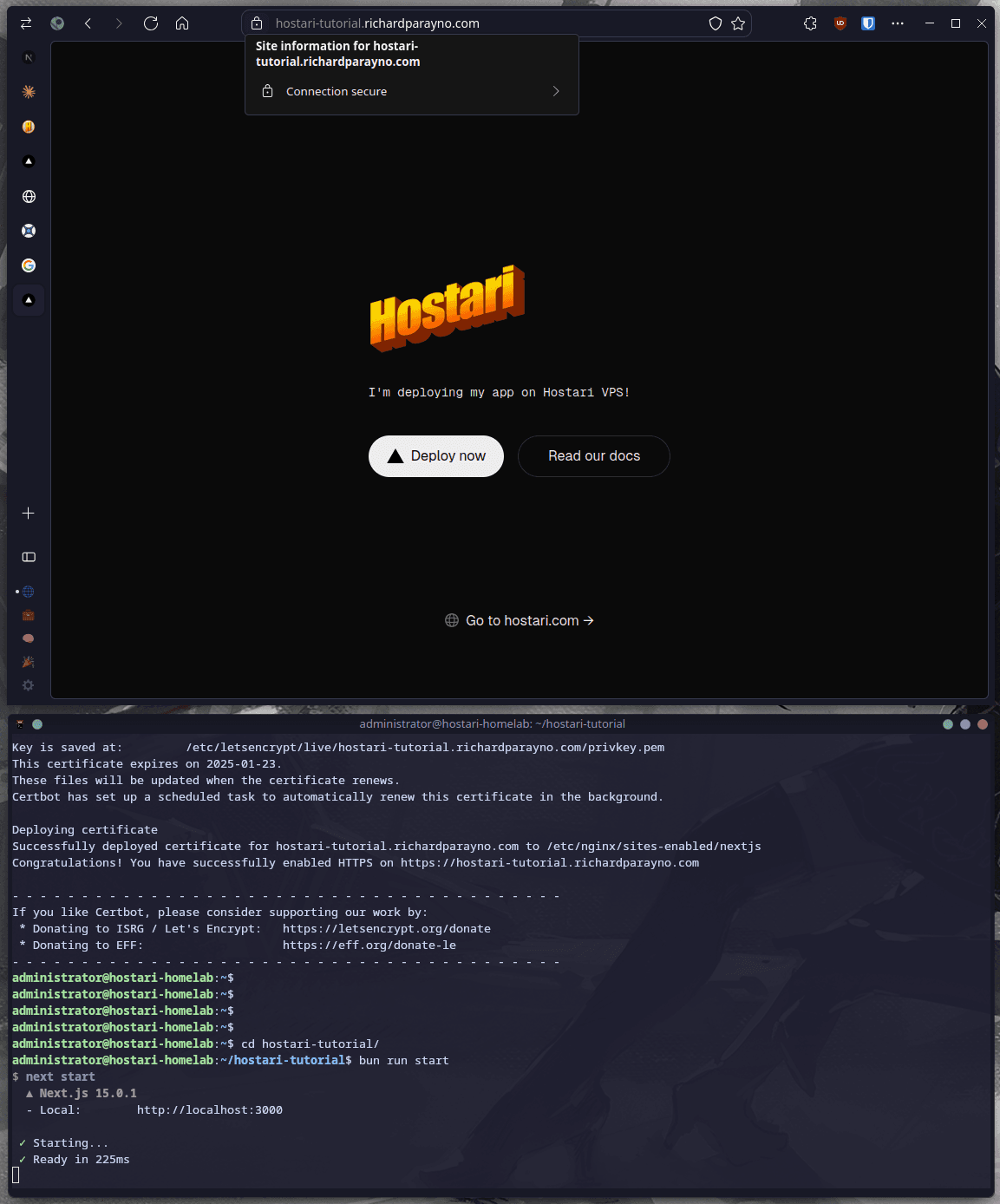 Our starter project is now deployed on the internet, with our preferred domain, secured by HTTPS. Congrats!