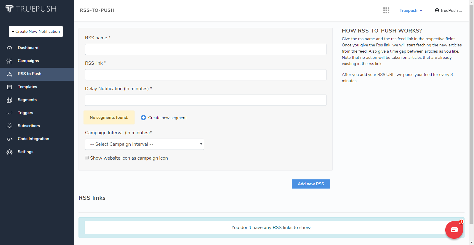 RSS feature from Truepush dashboard