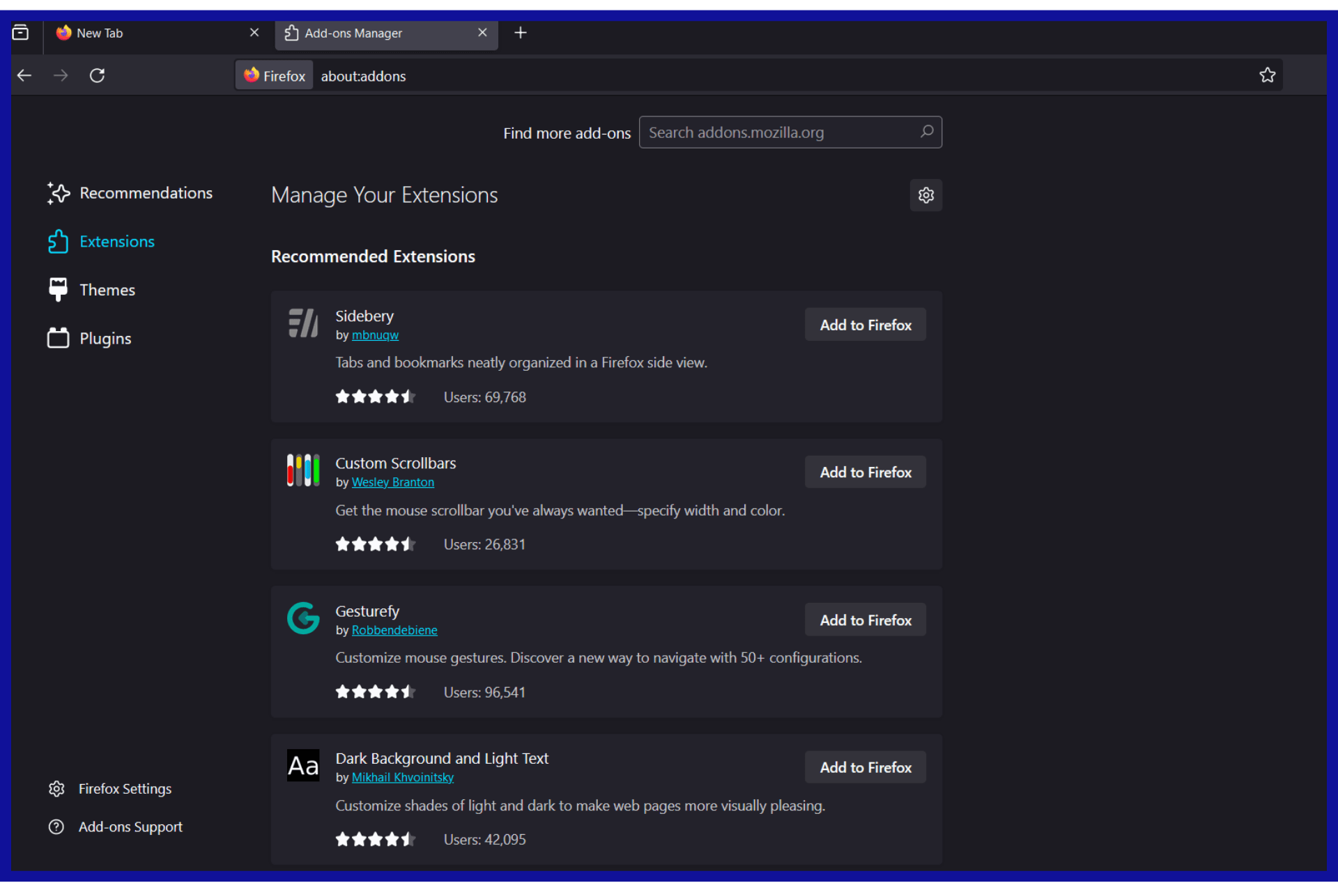 Extensions page for Mozilla Firefox in the mozilla browser. 