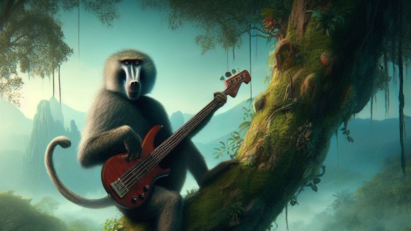 baboon playing the bass on a tree