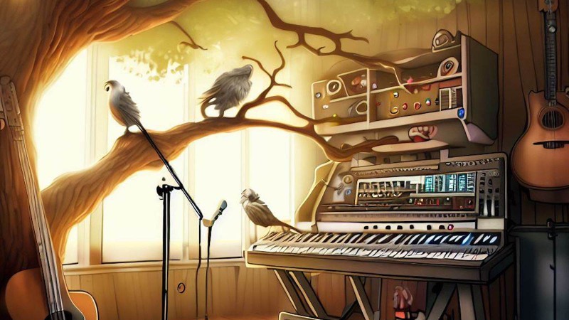 music studio in a treehouse with birds