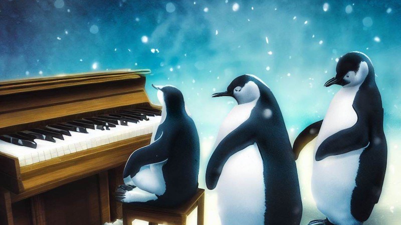 penguins playing the piano in the Arctic