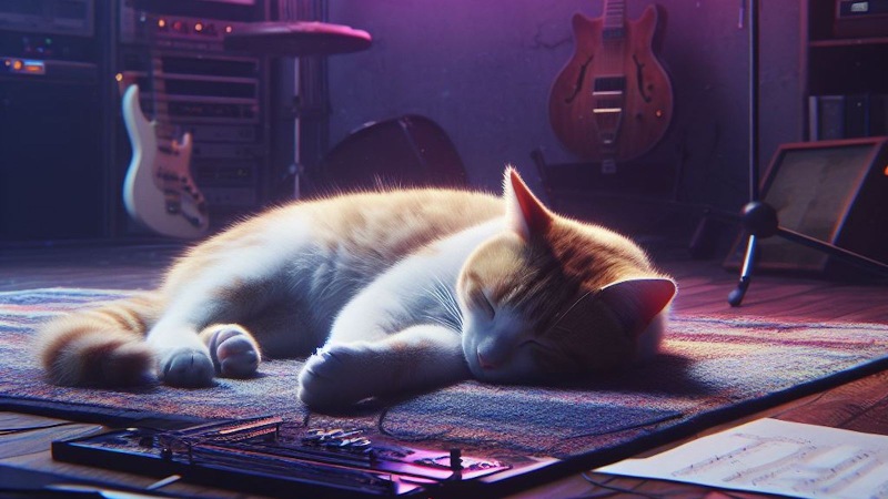sleeping cat in the music room
