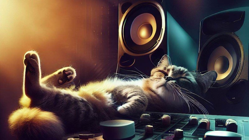 cat sleeping near speakers in a music studio
