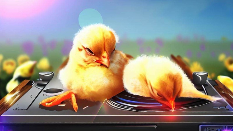 baby chicks sleeping on a dj set on a farm