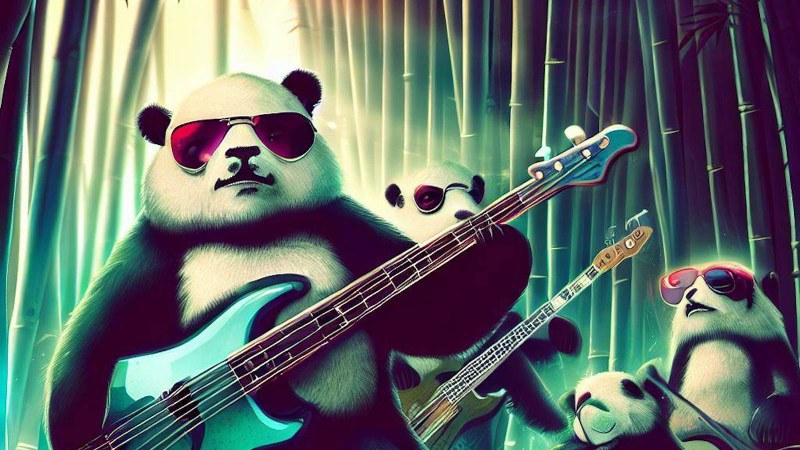 panda band playing bass guitar in a bamboo forest