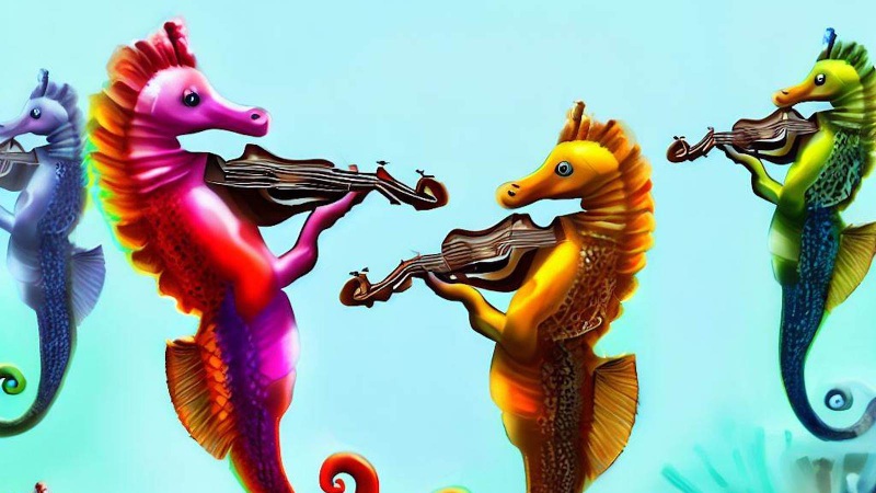 seahorses playing violins
