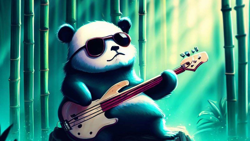 panda playing the bass in a bamboo forest