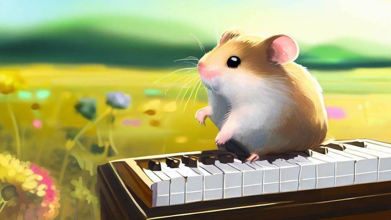 hamster sitting on a piano in the meadow