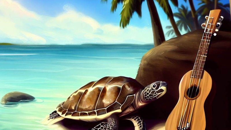 sea turtle near a ukulele on an island