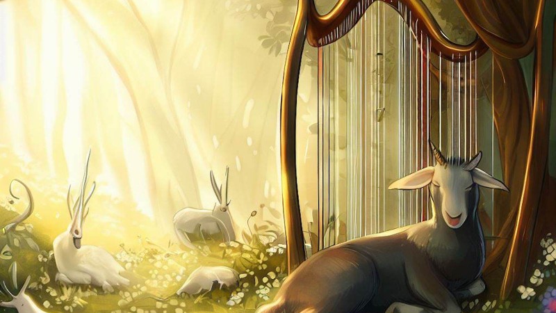 goat sleeping near harp in a magical forest