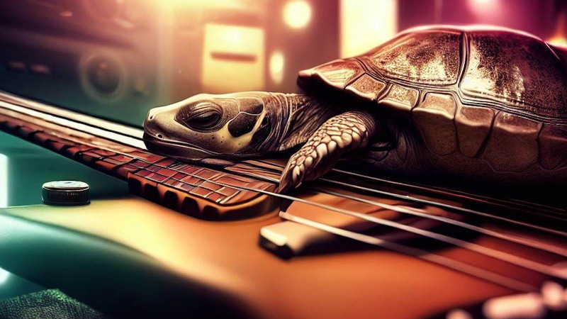 sleeping turtle on bass guitar