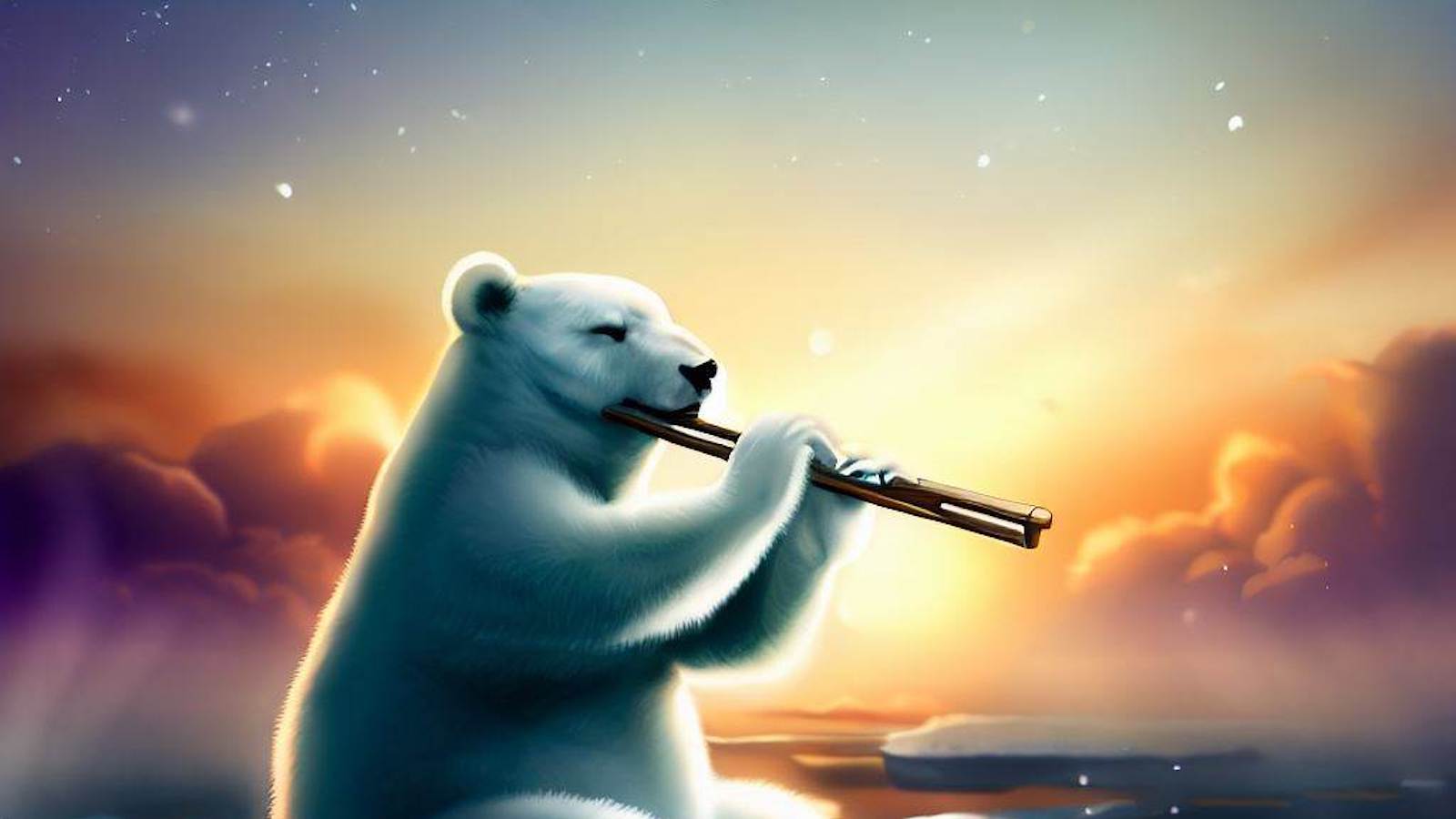 polar bear playing the flute in the sunset