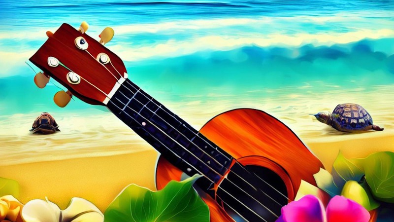 ukulele on the beach and sea turtle in the distance