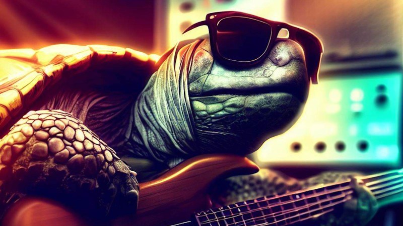 turtle playing bass guitar