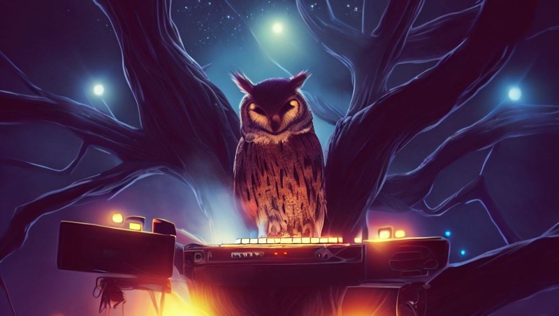 Owl Djing on a tree in the night