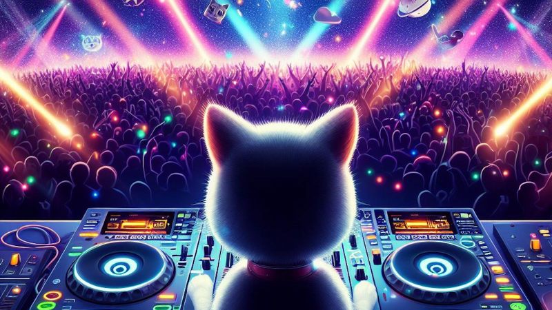 cat dj performing on stage for a crowd