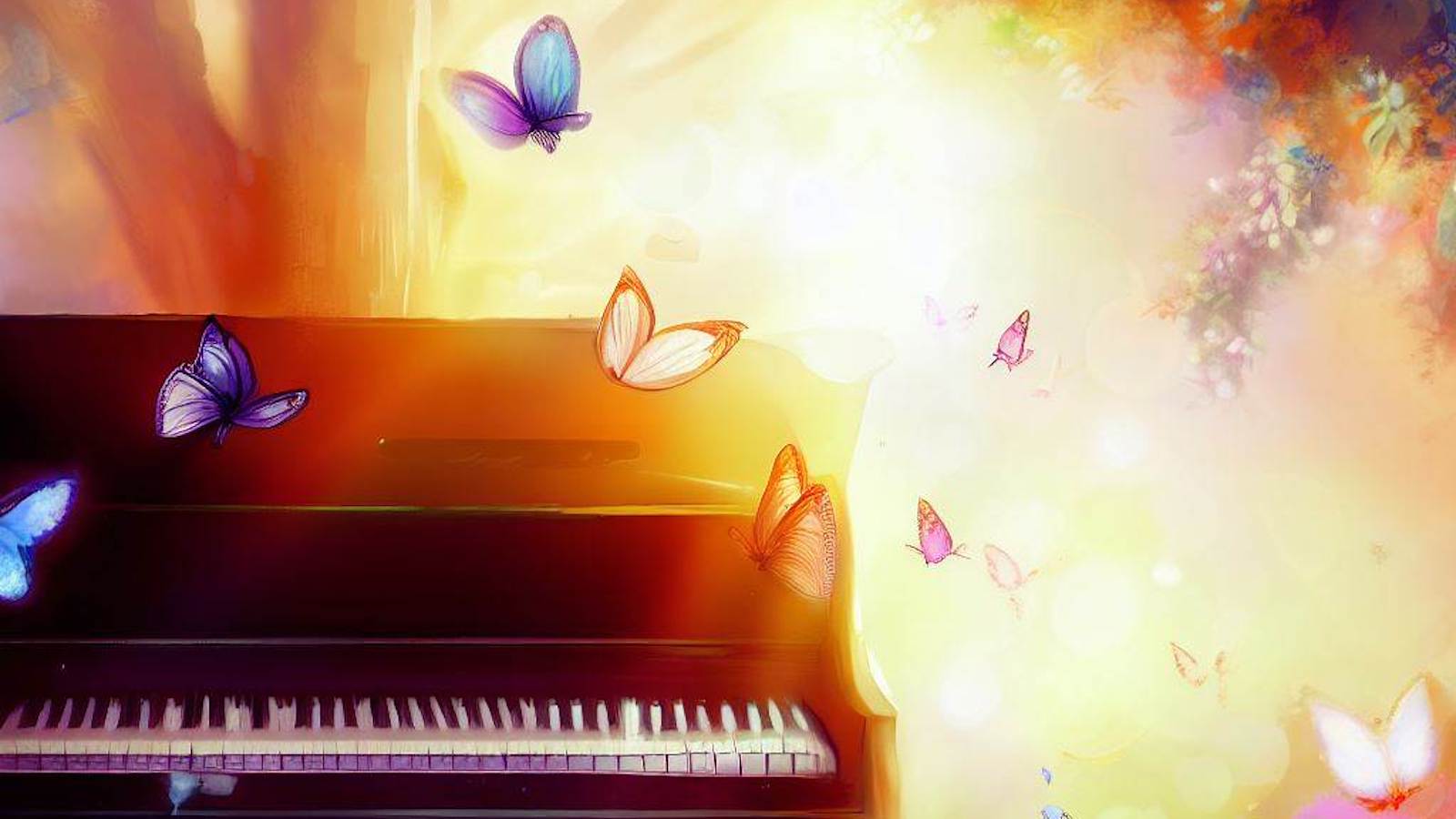 butterflies flying around a piano in a magical forest