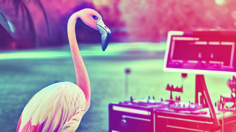 flamingo at a park gazing at a DJ set