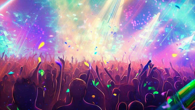 a music festival with colorful lasers, confetti, and a huge dancing crowd
