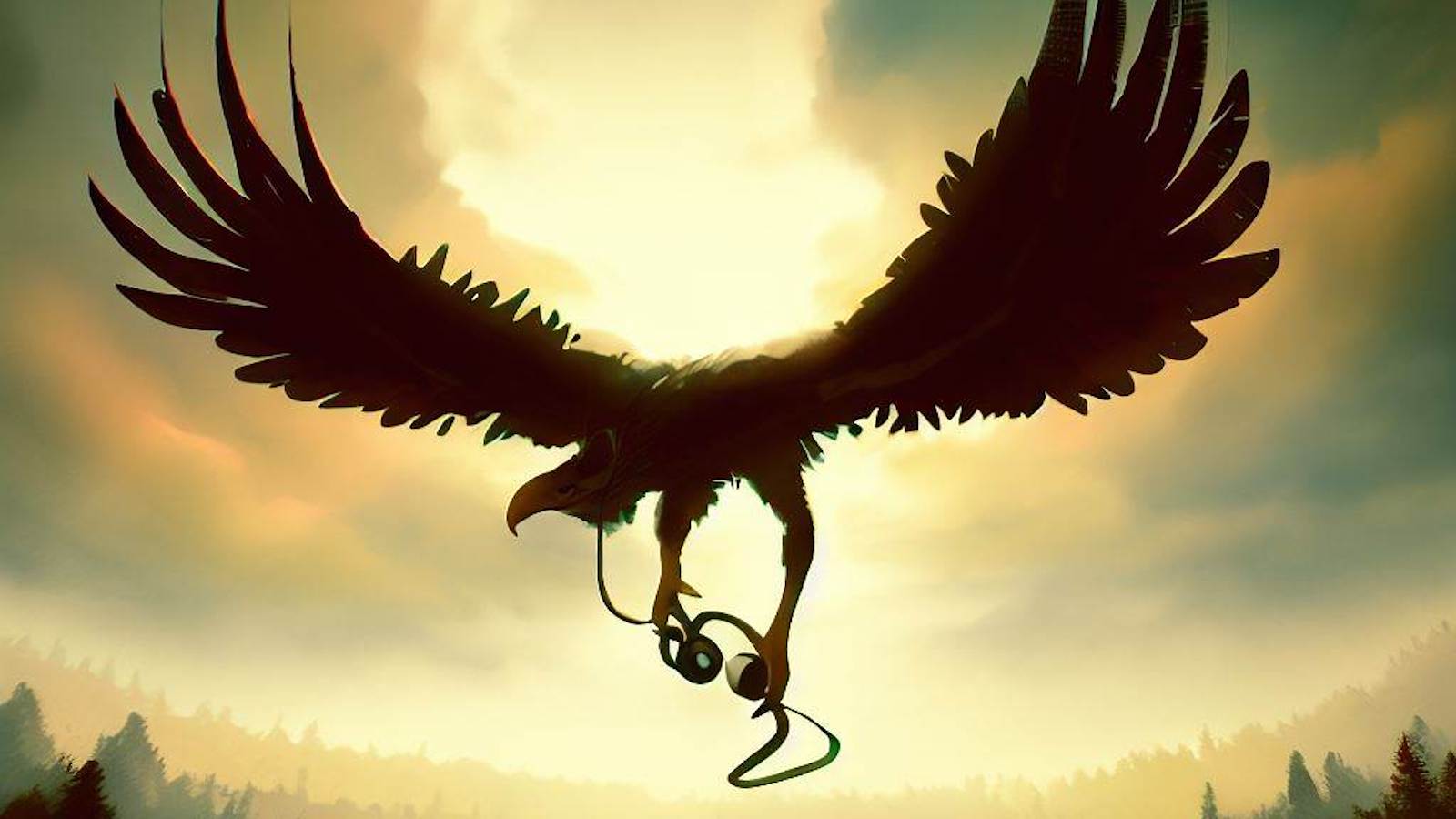 eagle flying into the sunset holding headphones 