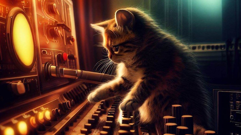 cat playing in the music studio