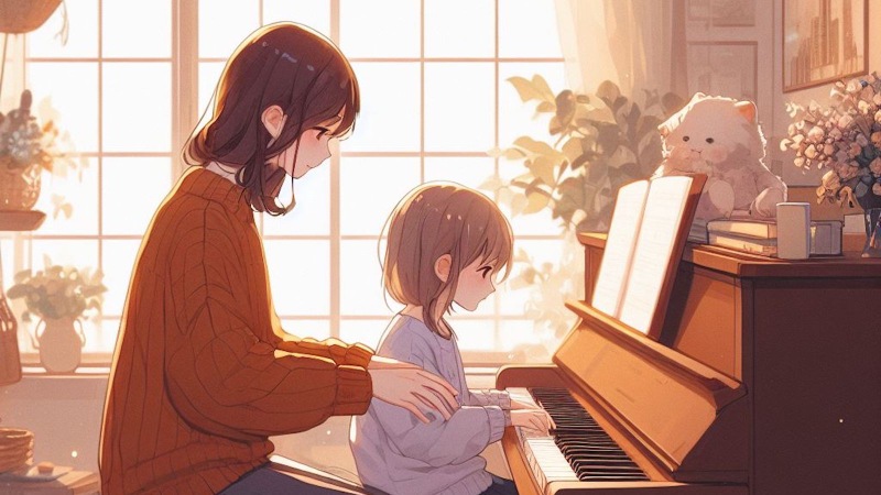 girl with teacher playing piano