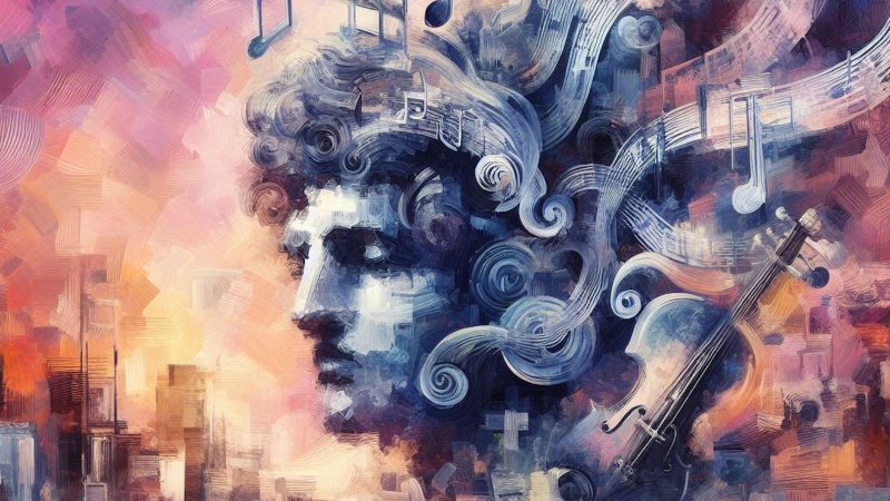 painting of a statue with music coming out of hair