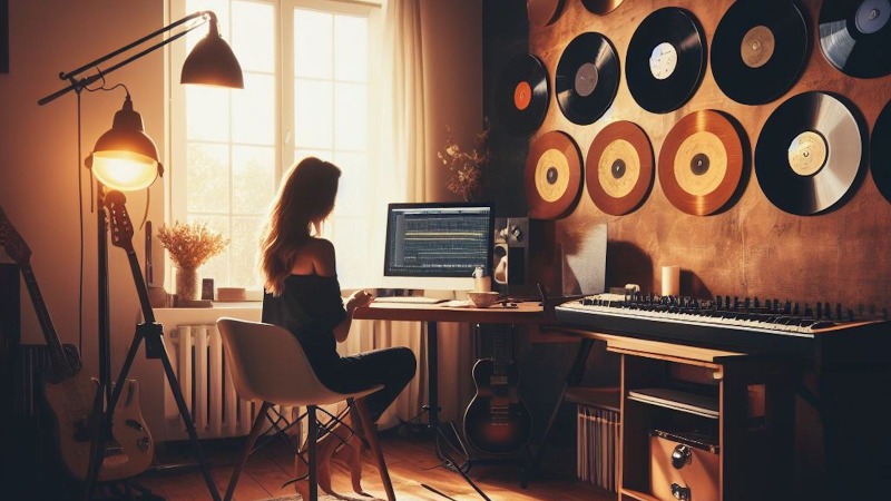 girl in home music studio