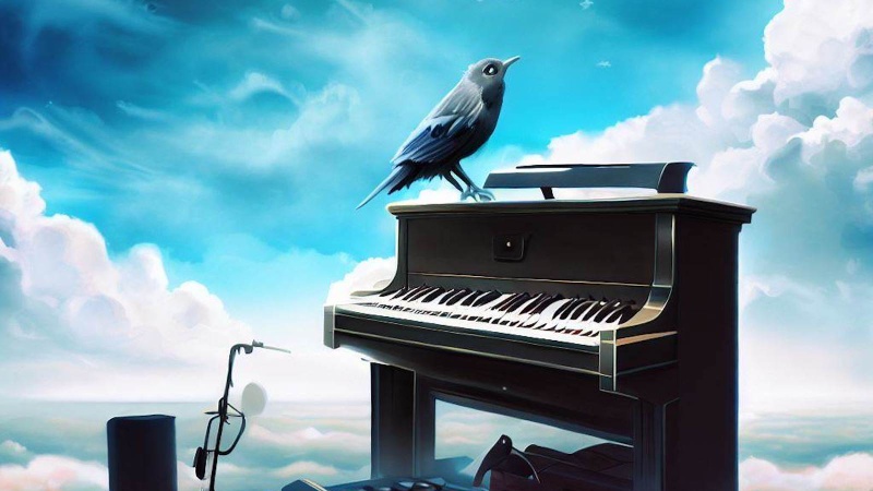 birds sitting on a piano in the sky