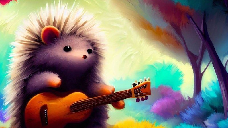 fluffy porcupine playing guitar in the forest