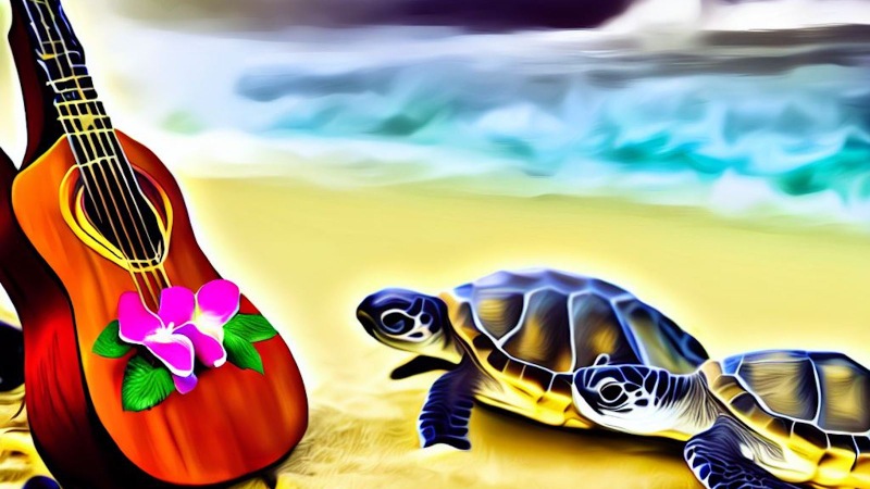 baby sea turtles and ukulele on the beach