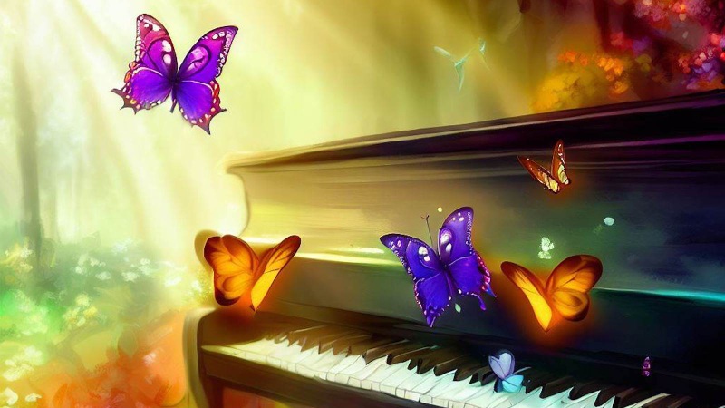 butterflies flying around a piano in a magical forest