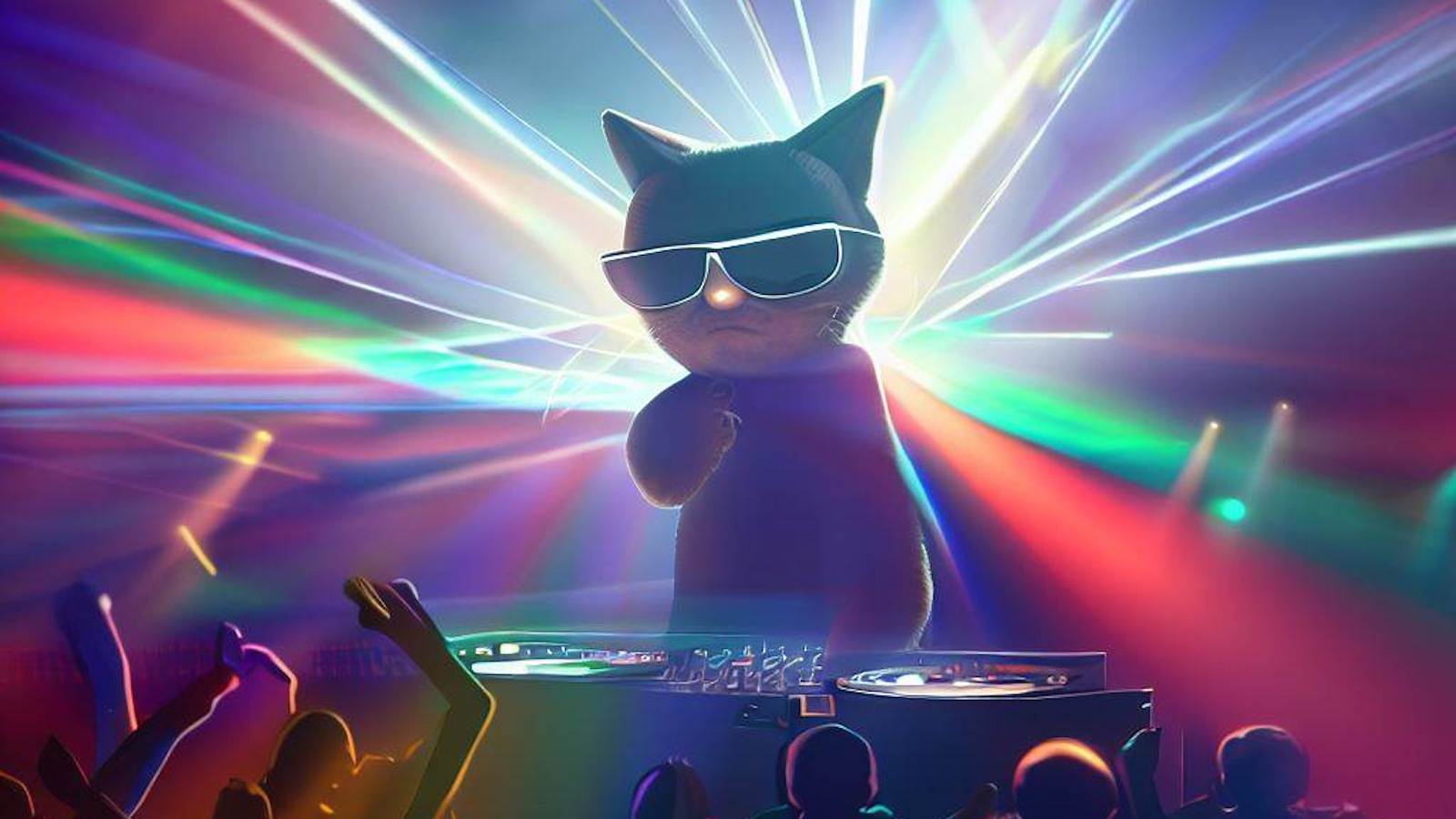 DJ cat wearing cool glasses performing on stage
