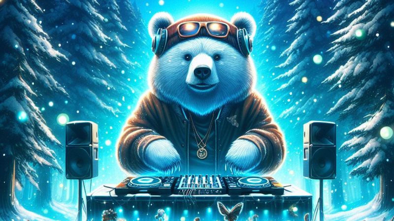 DJ bearing playing in the snow forest