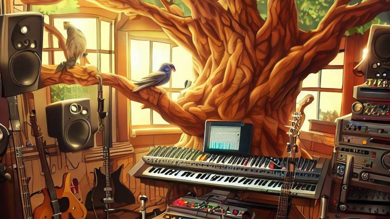 music studio in a treehouse with birds