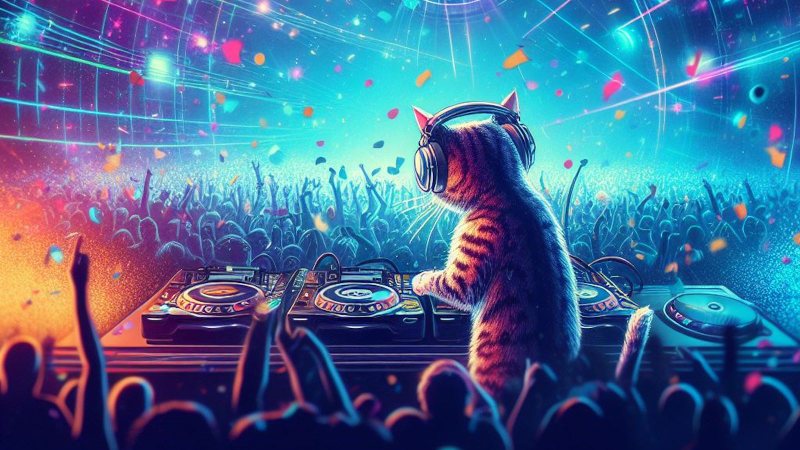 cat dj performing on stage for a crowd