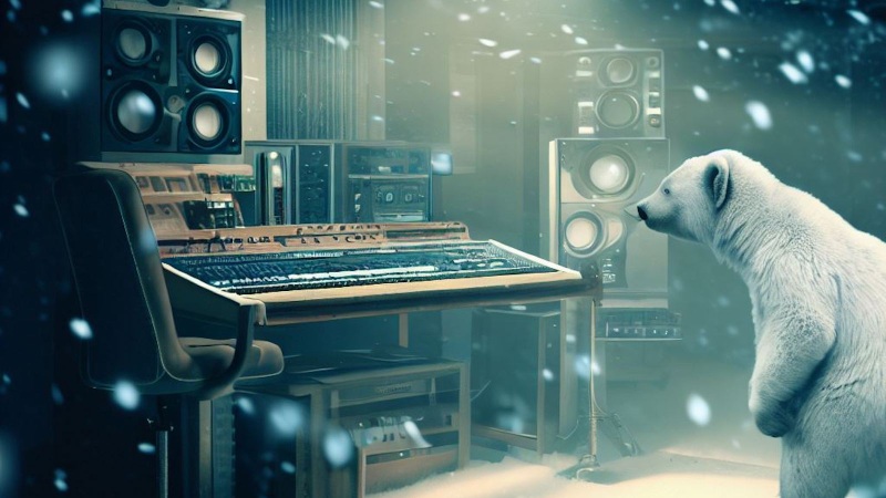 polar bear looking at the DAW in the arctic music studio