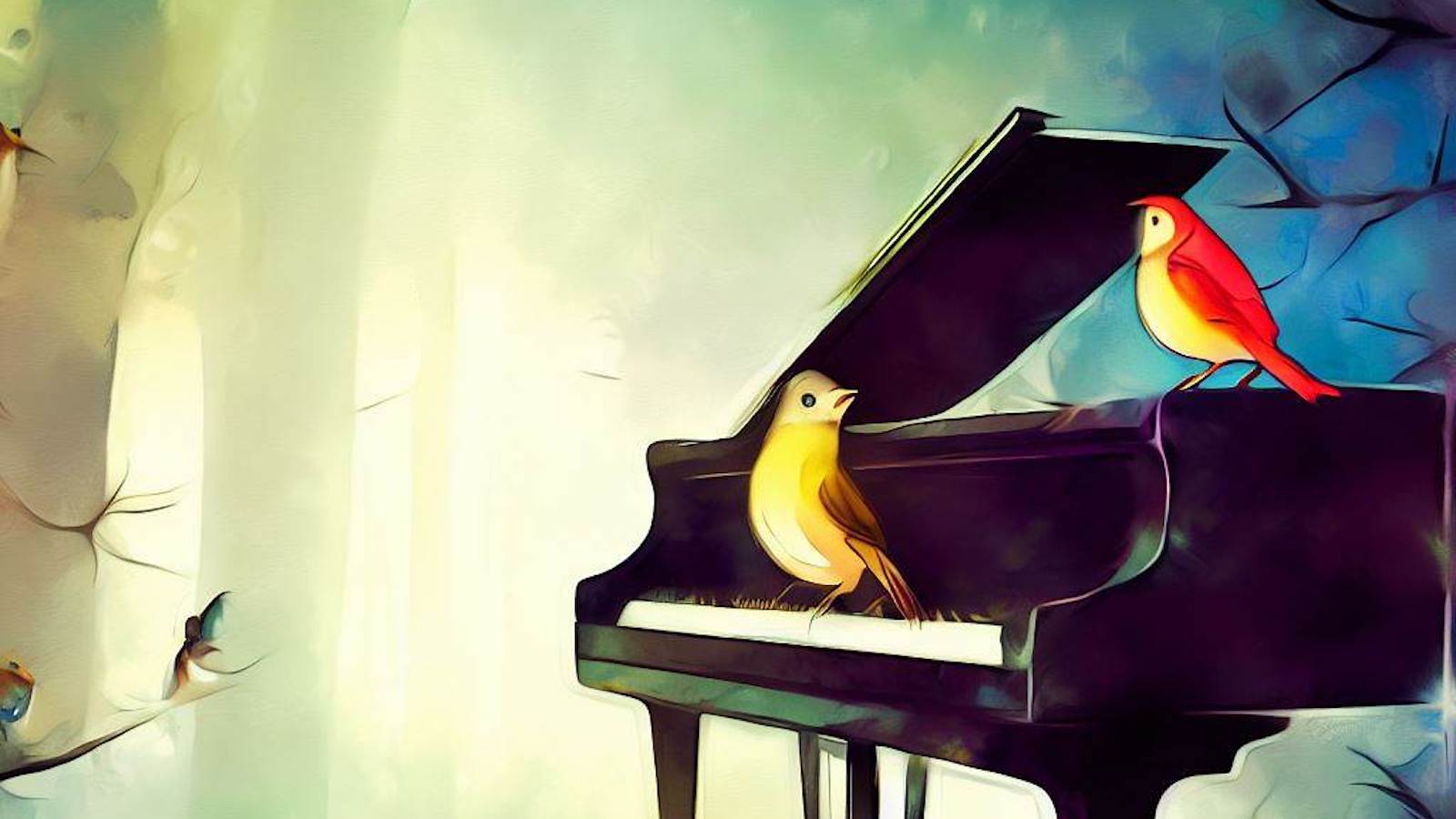 birds sitting on a piano in the forest