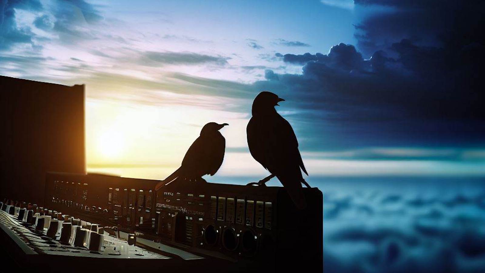 birds sitting in a music studio in the sky watching the sunset