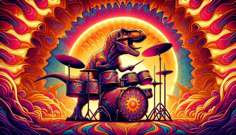 dinosaur drummer performing