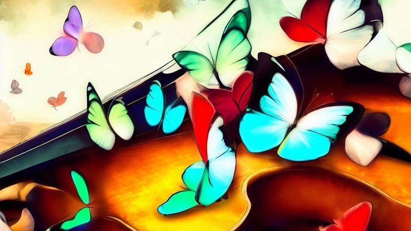 butterflies around a cello