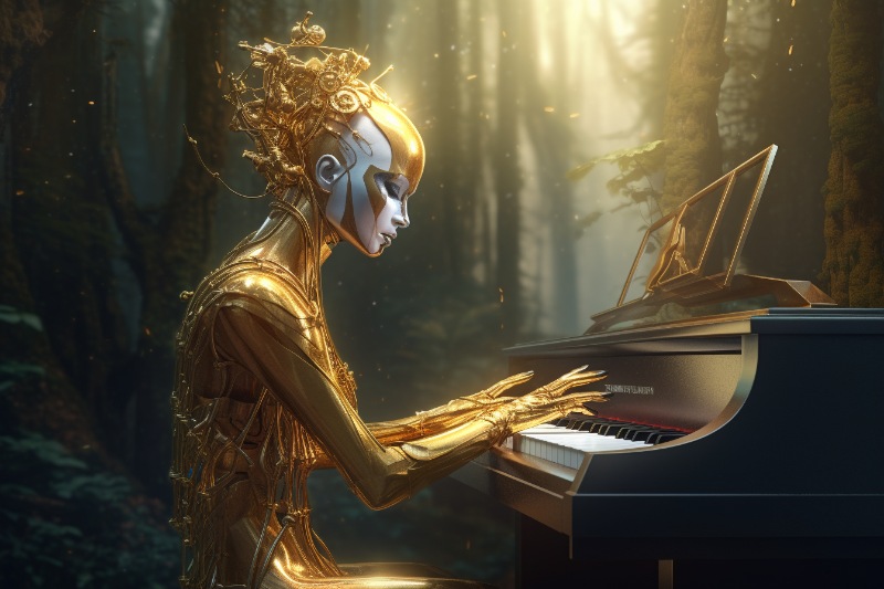 female robot playing piano