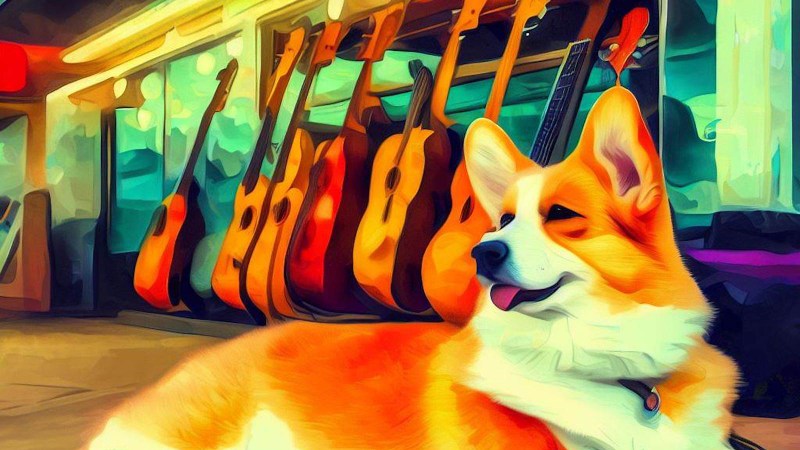 Korgi sitting in front of Ukulele store in Hawaii