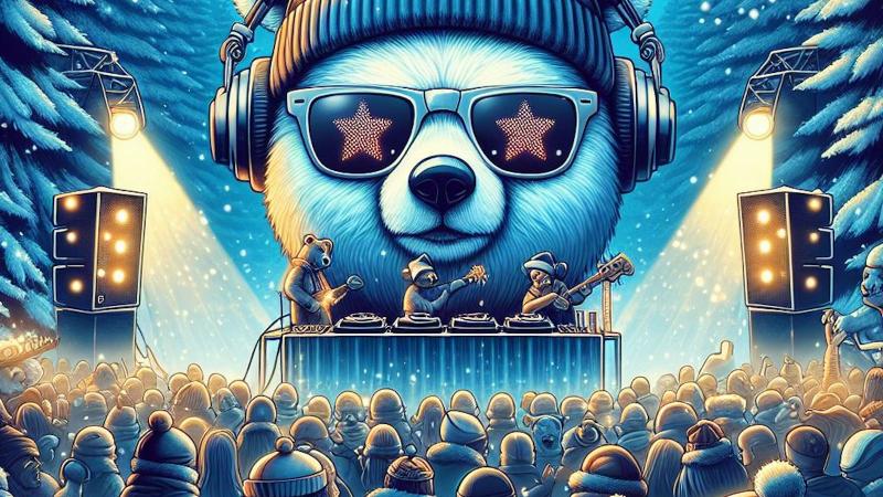 DJ bear performing in winter